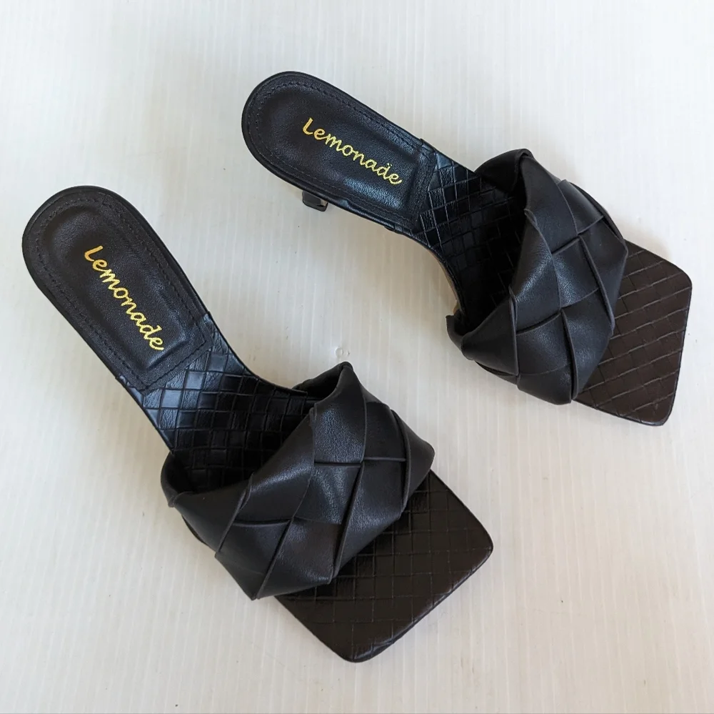 LEMONADE Turnitup black braided strap square toe stiletto heel sandals